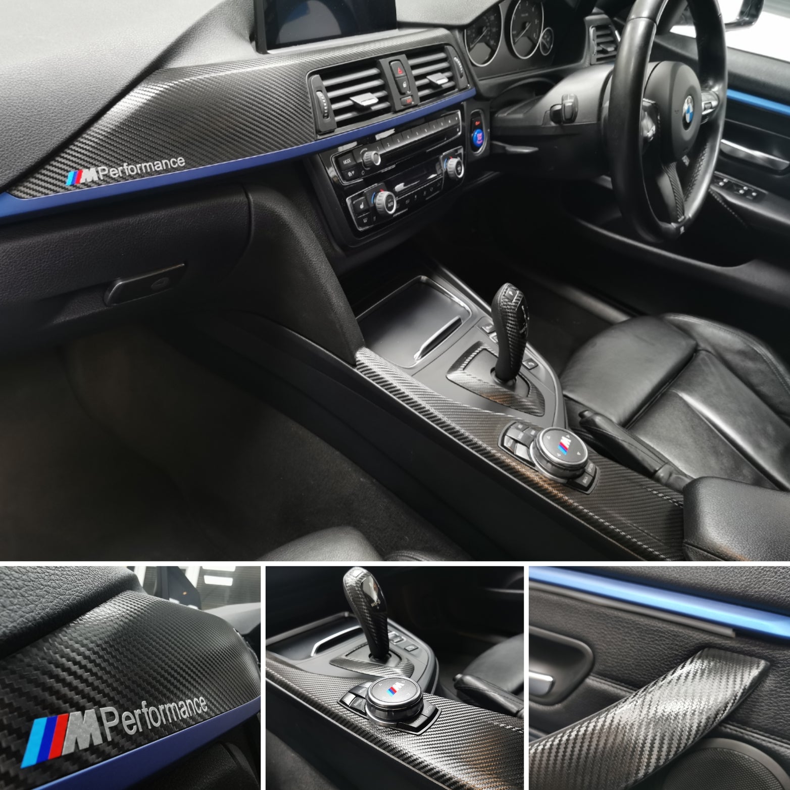 WRAPPING SERVICE - BMW F3X INTERIOR TRIM SET - DEEP TEXTURED GLOSSY CARBON / BLUE ACCENT (MTD-TEX) - F30 F31 F32 F33 F36